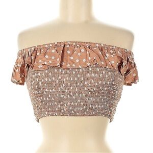 Koy Resort Tan/White Girly Hipster Polkadot Crop Top with Ruffle Detail Sz M